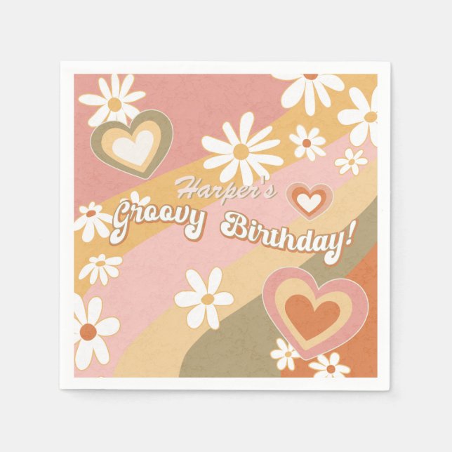 Hippie 60s 70s Retro Daisy Floral Groovy Birthday  Napkin (Front)