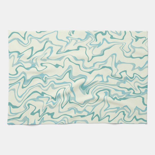 Hippie 70s Blue Marble Liquid Swirl Boho Pattern Tea Towel (Horizontal)