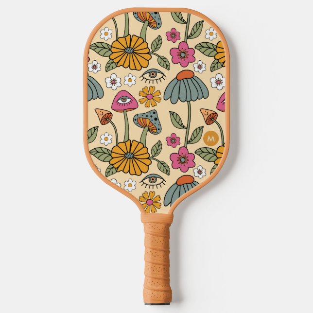 Hippie 70s Floral Mushroom Boho Floral Eye & Name Pickleball Paddle (Front)
