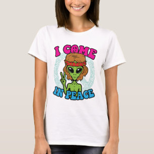 Hippie Alien I Come In Peace Trippy Peace Sign T-Shirt