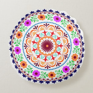 Hippie bohemian floral design round pillow-white cushion