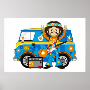 Hippie Boy with Guitar and Camper Van Poster