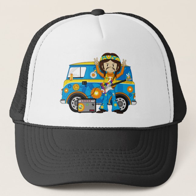 Hippie Boy with Guitar and Camper Van Trucker Hat (Front)