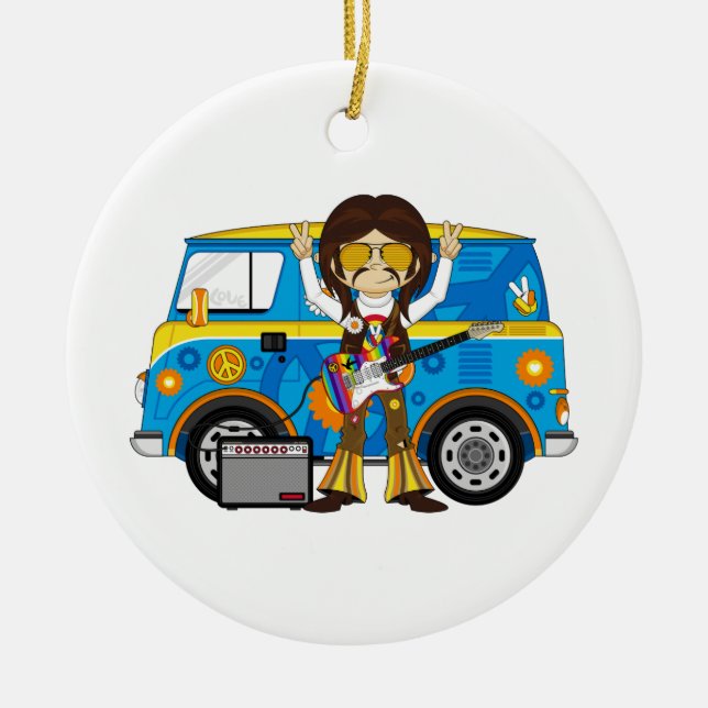Hippie Boy with Guitar & Camper Van Ceramic Tree Decoration (Front)
