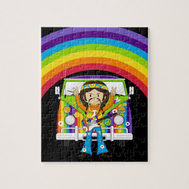 Hippie Boy with Guitar & Camper Van Jigsaw Puzzle (Vertical)