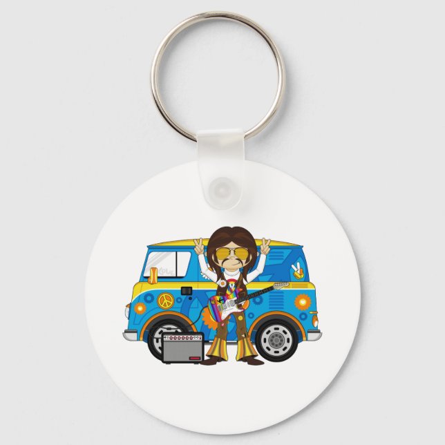 Hippie Boy with Guitar & Camper Van Key Ring (Front)