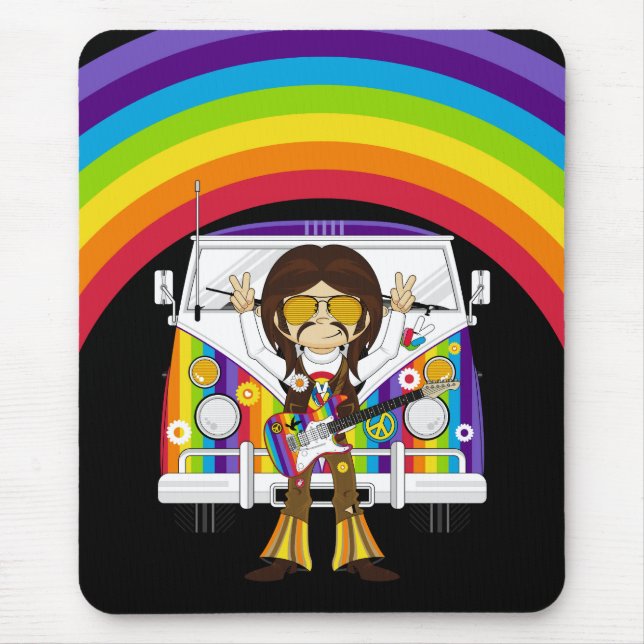 Hippie Boy with Guitar & Camper Van Mouse Pad (Front)
