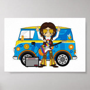 Hippie Boy with Guitar & Camper Van Poster