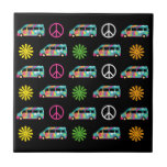 Hippie Bus Peace Sign 70s Black Tile<br><div class="desc">Cute hippie decorative tile with fun retro camper bus pattern of peace signs and pretty flowers in cool neon hippy colours.</div>