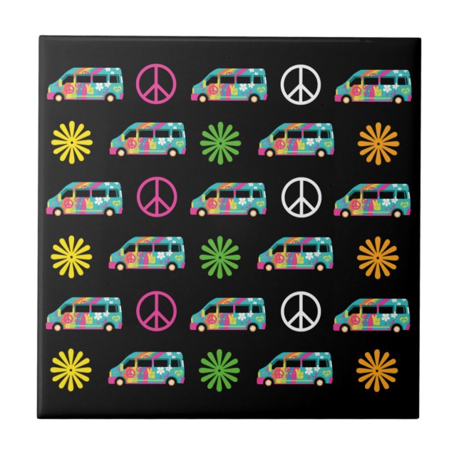 Hippie Bus Peace Sign 70s Black Tile (Front)
