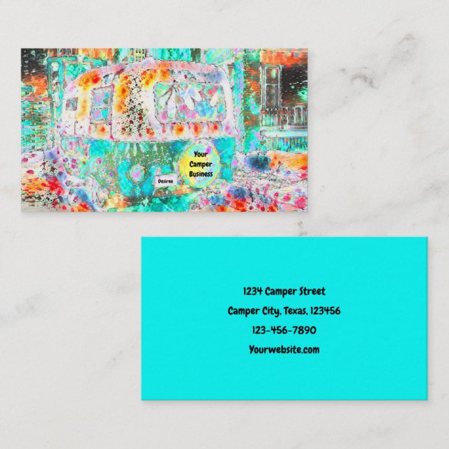 Hippie Camper Teal White Girly Glamping Business Card (Front/Back)