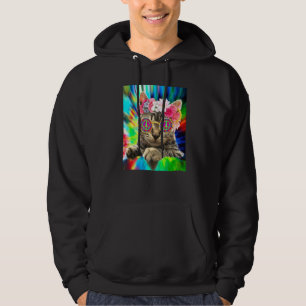 Hippie Cat Groovy Tie Dye Peace Sign Festival Hoodie