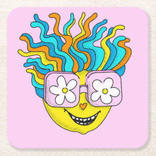 Hippie Character Funny Happy Pink Retro Groovy Square Paper Coaster