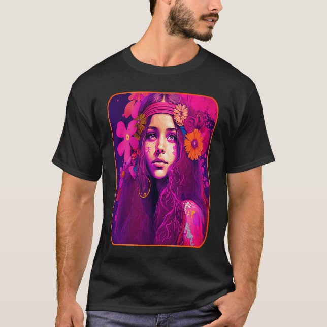 Hippie Child In Pink With Flowers In Her Hair Retr T-Shirt (Front)
