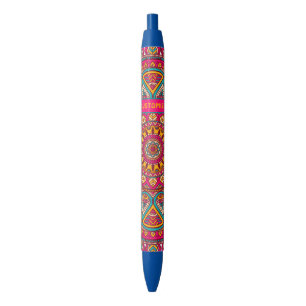 Hippie Colourful Pink Mandela 70s Boho Black Ink Pen