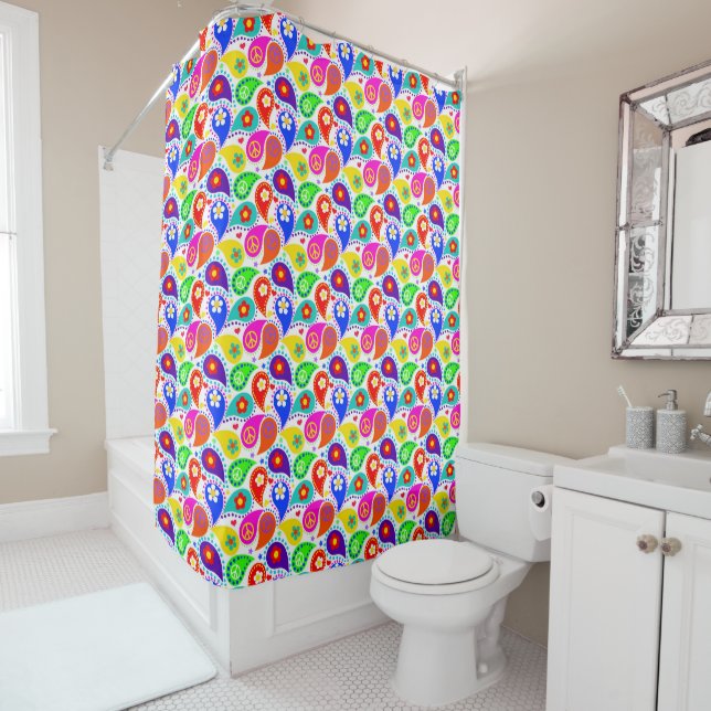 Hippie Daze, Peace Signs, Colourful Shower Curtain (In Situ)