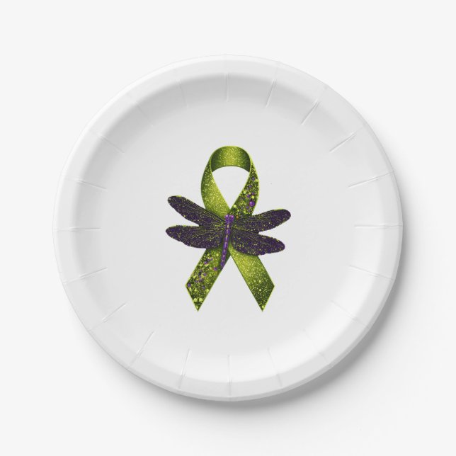 Hippie Dragonfly Green Ribbon Cerebral Palsy Aware Paper Plate (Front)