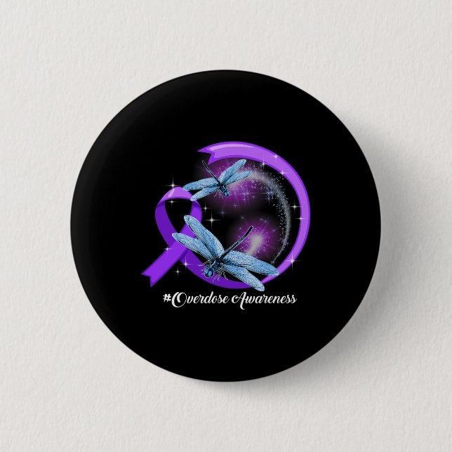 Hippie Dragonfly Purple Ribbon Overdose Awareness  6 Cm Round Badge (Front)