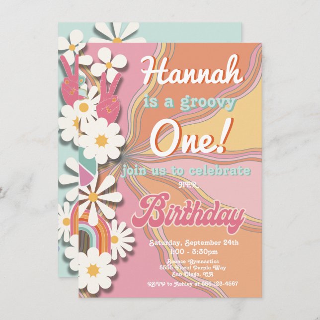 Hippie Flower Power 70s 60s Birthday Party Invitat Invitation (Front/Back)