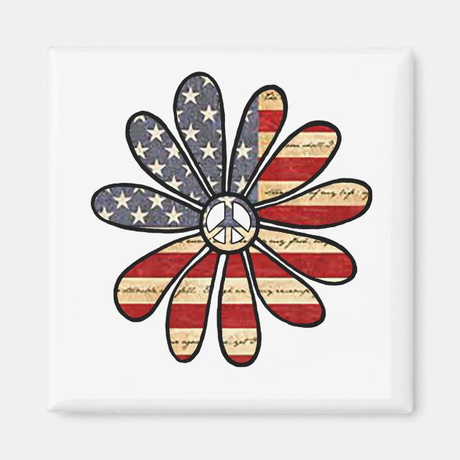 Hippie Flower Power Peace Sign American Flag Magnet (Front)