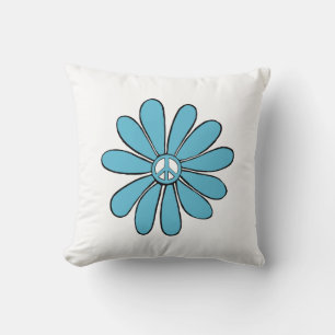 Hippie Flower Power Peace Sign in Aqua Cushion