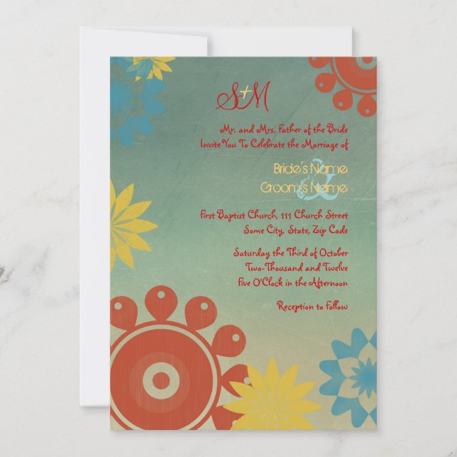Hippie Flowers Vintage Wedding Invitation 5x7 (Front)