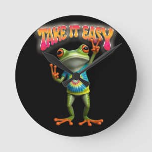 Hippie Frog Take it Easy Fun Colorful  Round Clock