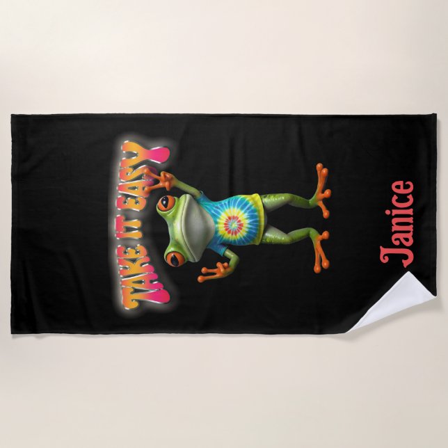 Hippie Frog Take it Easy Fun Colourful  Beach Towel (Front)