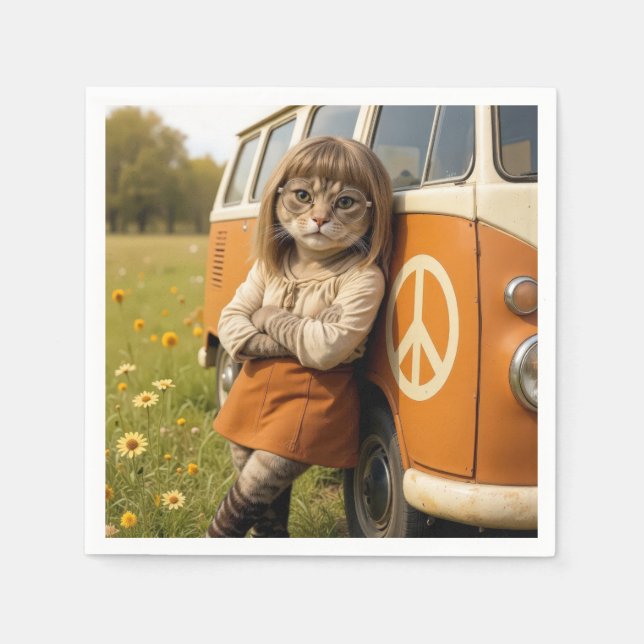 Hippie Girl Cat Leaning On a Retro Van Napkin (Front)
