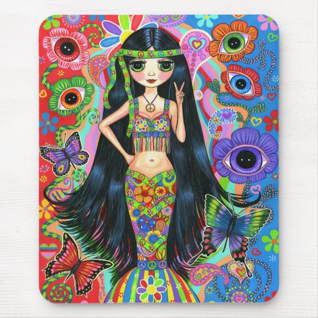 Hippie Girl Mermaid Psychedelic Colourful Sixties Mouse Pad (Front)