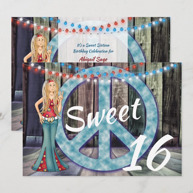 Hippie Girl, Peace Sign, Lights Sweet 16 Birthday Invitation (Front/Back)