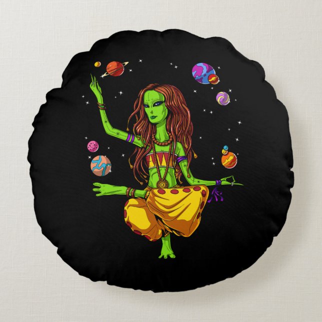 Hippie Girl Space Alien Zen Yoga Meditation Round Cushion (Front)