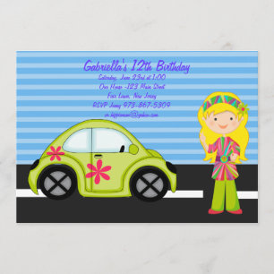 Hippie Girl with Green Buggy Birthday Invitation