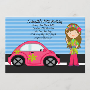 Hippie Girl with Pink  Buggy Birthday Invitation
