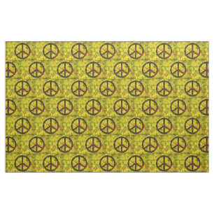 hippie groovy 70's peace symbol pattern yellow fabric