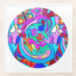hippie groovy love circle glass coaster