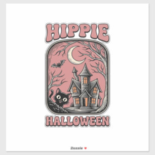 Hippie Halloween Cat Haunted House Vintage Design_