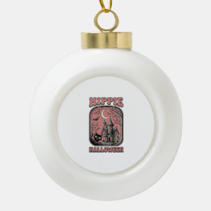 Hippie Halloween Cat Haunted House Vintage Design_ Ceramic Ball Christmas Ornament