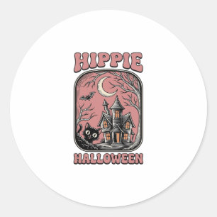 Hippie Halloween Cat Haunted House Vintage Design_ Classic Round Sticker