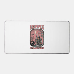 Hippie Halloween Cat Haunted House Vintage Design_ Desk Mat