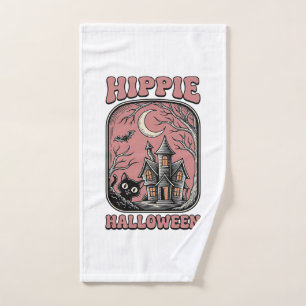 Hippie Halloween Cat Haunted House Vintage Design_ Hand Towel