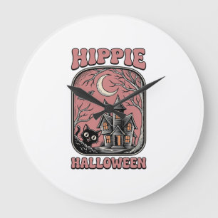 Hippie Halloween Cat Haunted House Vintage Design_ Large Clock