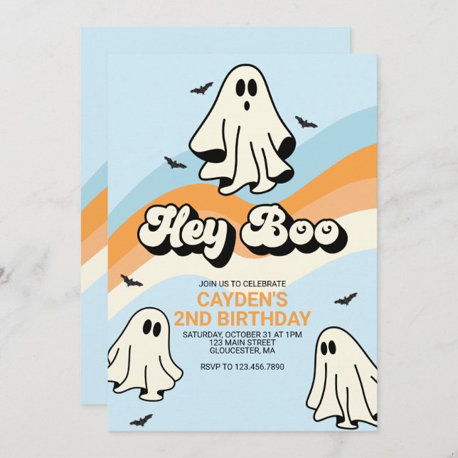 Hippie Halloween Retro Ghost Hey Boo blue Invitation (Front/Back)
