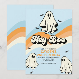 Hippie Halloween Retro Ghost Hey Boo blue Invitation