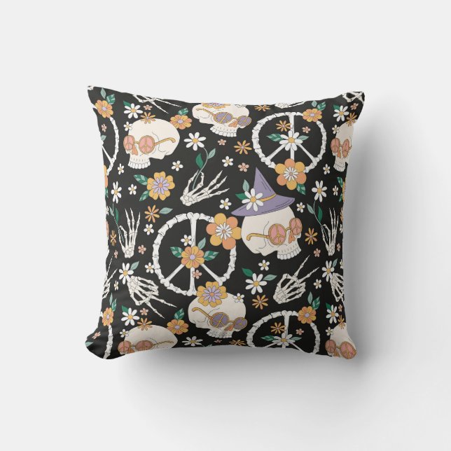 Hippie Halloween Skulls and Flowers Pattern Cushion (Front)