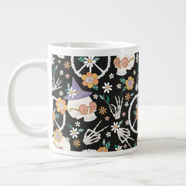 Hippie Halloween Skulls and Flowers Pattern Large Coffee Mug (Left)