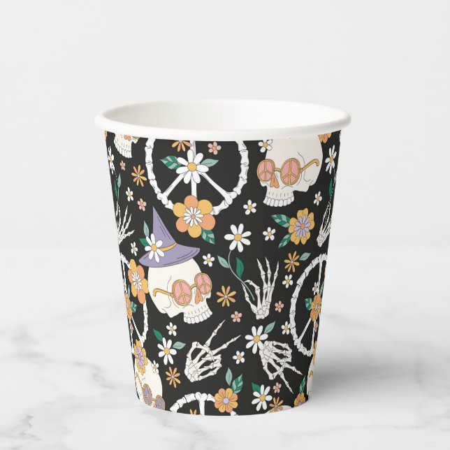 Hippie Halloween Skulls and Flowers Pattern Paper Cups (Front)