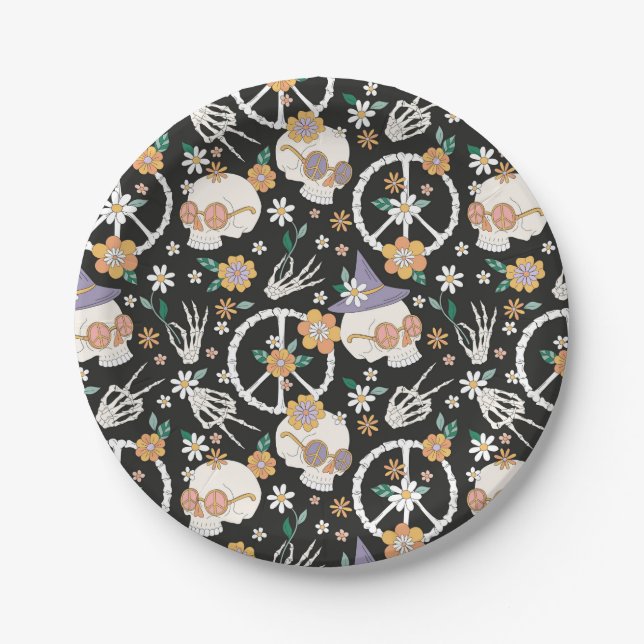 Hippie Halloween Skulls and Flowers Pattern Paper Plate (Front)