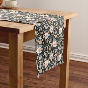Hippie Halloween Skulls and Flowers Pattern Short Table Runner