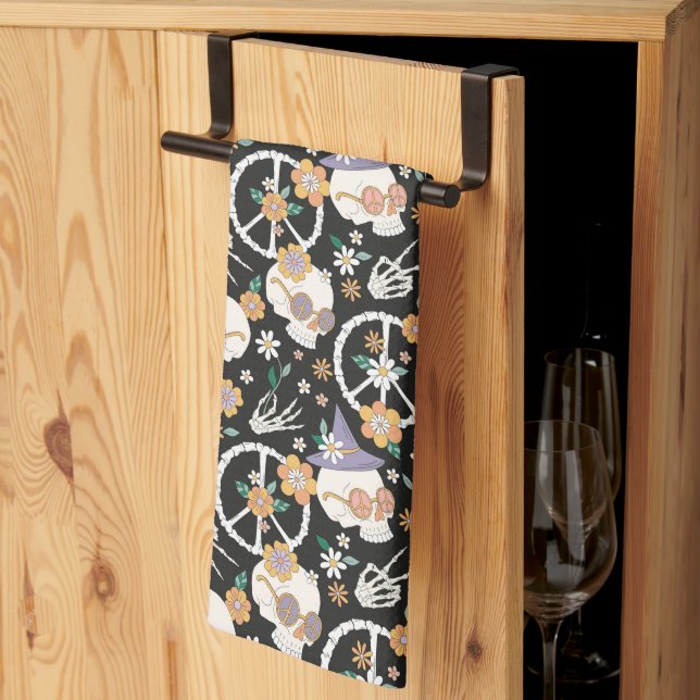 Hippie Halloween Skulls and Flowers Pattern Tea Towel (Thirds Fold)